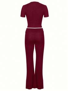 INAWLY Solva Women Solid Color Short Sleeve T-Shirt And Long Pants Two-Piece Set, Simple Style - Burgundy - View 4