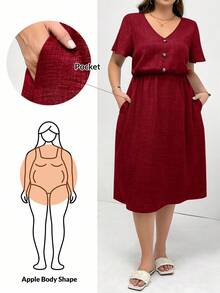 SHEIN Essnce Đầm nữ cỡ lớn thời trang xuân hè, dáng rộng thoải mái, đa năng, cổ chữ V, tay ngắn, ôm eo, dài ngang gối, màu xanh dương, có túi, phong cách châu Âu mùa hè, trang phục giáo viên cho nữ, đầm chống nắng, kiểu dáng đơn giản - Đỏ - Xem 1