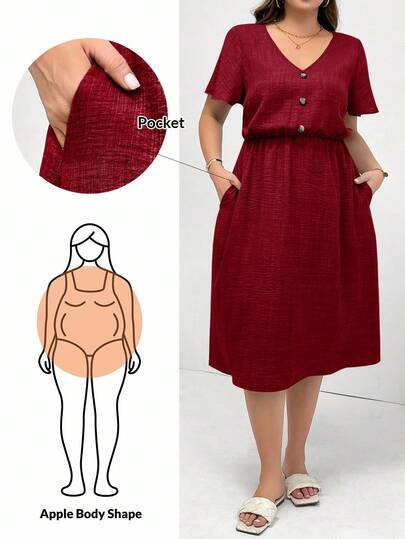 SHEIN Essnce Plus Size Women's Spring And Summer Fashion Casual Loose Comfortable Daily Versatile Slim V-Neck Short Sleeve Waist Blue Mid-Length Dress With Pockets,European Summer,Teacher Outfits For Women,Sun Dress,Simple Style