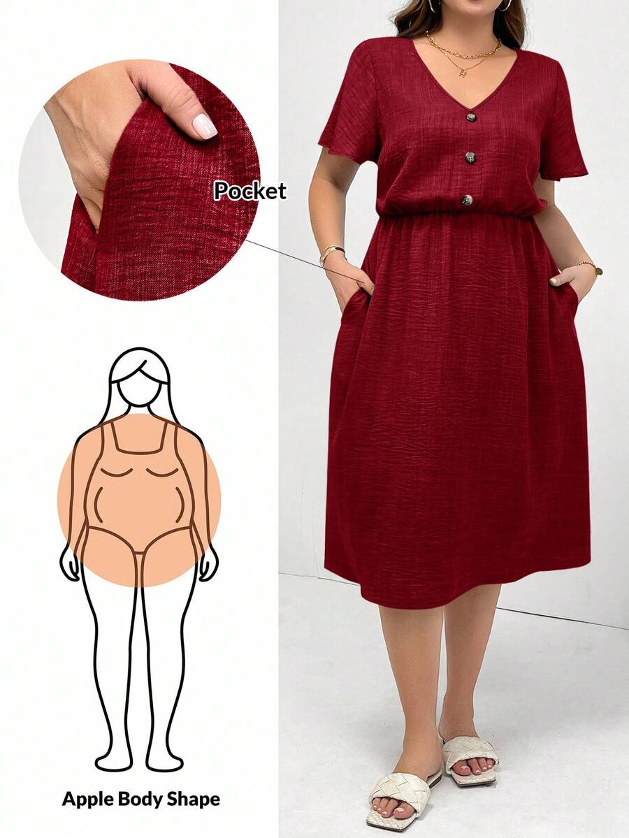 SHEIN Essnce Đầm nữ cỡ lớn thời trang xuân hè, dáng rộng thoải mái, đa năng, cổ chữ V, tay ngắn, ôm eo, dài ngang gối, màu xanh dương, có túi, phong cách châu Âu mùa hè, trang phục giáo viên cho nữ, đầm chống nắng, kiểu dáng đơn giản - Đỏ - Xem 1