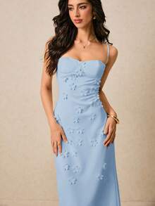 Poéselle Women's Solid Color Spaghetti Strap Fitted Long Dress With 3D Floral Decor - Baby Blue - View 2