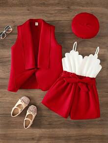 SHEIN 女童纯色针织开衫和针织吊带连体衣两件套，含帽子，返校季