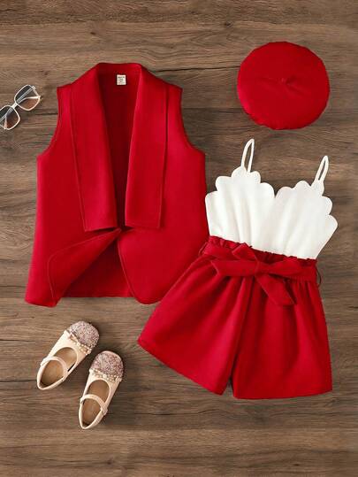 SHEIN 女童纯色针织开衫和针织吊带连体衣两件套，含帽子，返校季