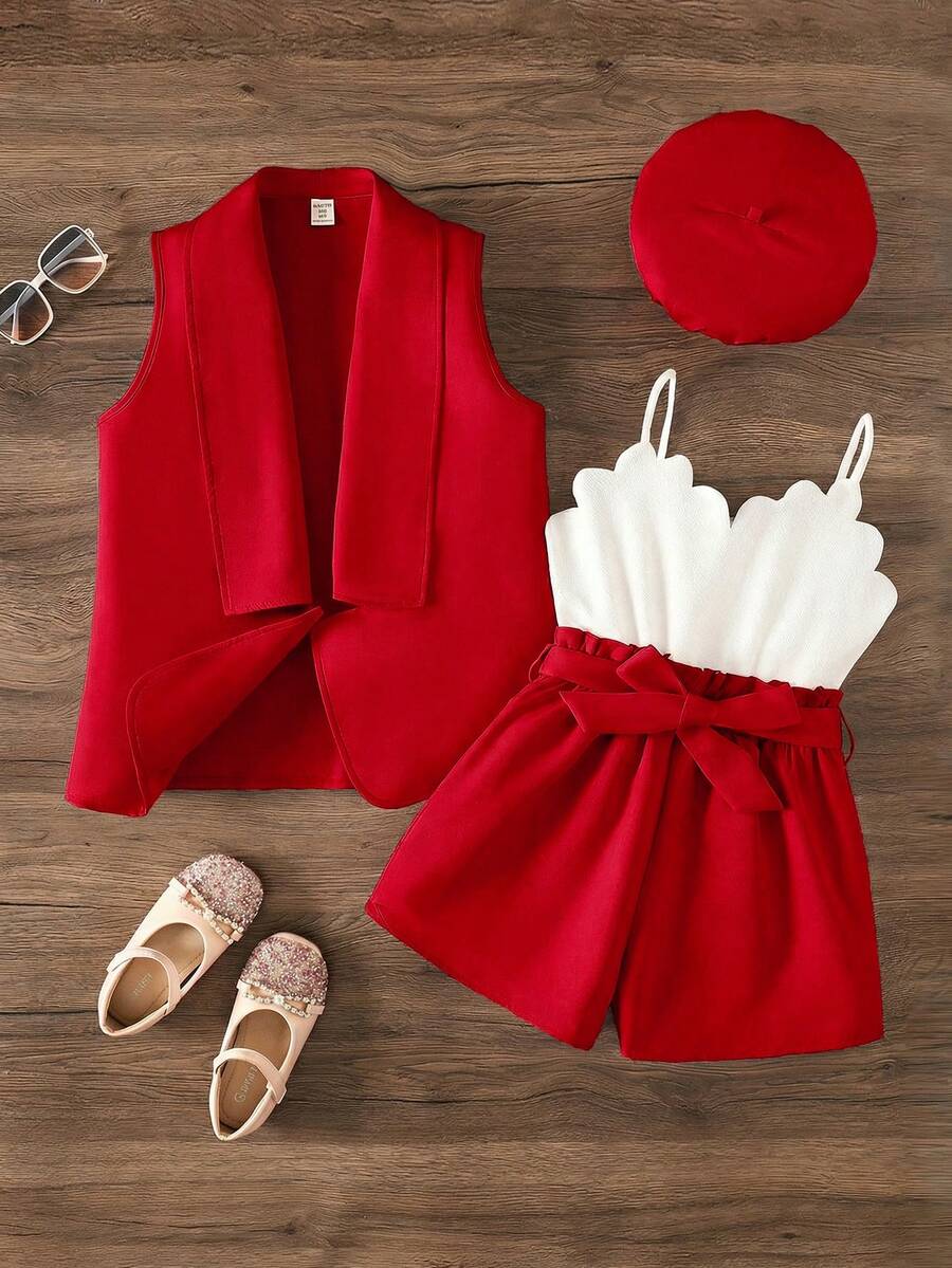 SHEIN 女童纯色针织开衫和针织吊带连体衣两件套，含帽子，返校季