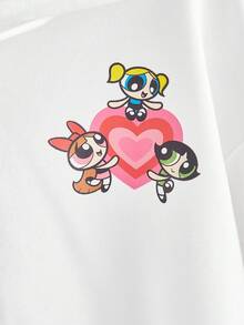 The Powerpuff Girls | ROMWE 女士休闲卡通图案拉链抽绳连帽卫衣，秋季款 - 白色 - 查看 4