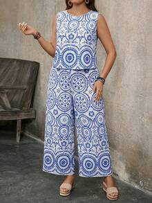 EMERY ROSE Plus Size Women's Blue And White Printed Round Neck Sleeveless Wide Leg Pants 2 Pieces Set,Summer Boho Beach Holiday Vacation Summer Pants Sets - Blue and White - View 4