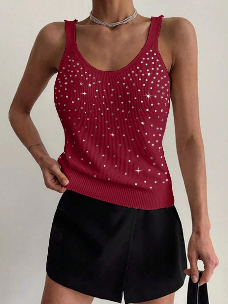 EMERY ROSE Women's Casual Sleeveless Rhinestone Embellished Knit Top, Summer Dark Red Top Rhinestone Top - Burgundy - View 1