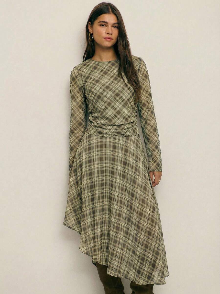 Nöista Đầm dài tay kẻ caro với phần eo xếp ly tôn dáng, mang đến vẻ ngoài thanh lịch và đa năng, phù hợp cho trang phục nghỉ xuân của phái nữ; đủ lịch sự để mặc đi làm, tinh tế để dự đám cưới và hoàn hảo cho trang phục sinh nhật, các sự kiện trang trọng và phong cách phối đồ theo mùa. - Màu xanh Ô liu - Xem 1