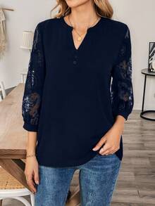 EMERY ROSE Áo kiểu nữ casual công sở màu trơn phối lưới - Màu xanh hải quân - Xem 3