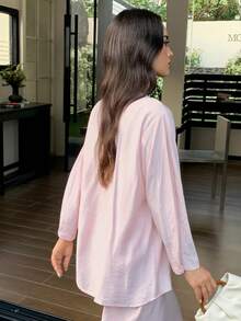 Veilorie Women's Spring Casual Daily Commute Simple Solid V-Neck Shirt And Wide Leg Pants 2 Pieces Set - Pink - View 2