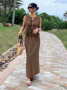 Dazy-Less Bộ đồ nữ gồm áo và chân váy xếp ly thắt nơ phía trước, kiểu dáng thường ngày, thích hợp cho mùa hè. - màu nâu - Xem 5