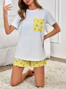 EURMUSE Cottonline 女士菠萝印花口袋细节白色上衣和短裤两件套家居服休闲可爱舒适睡衣套装 - 彩色 - 查看 3