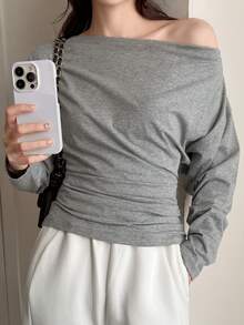 DAZY Asymmetrical Asymmetric Shoulder Design Niche Off-Shoulder Long Sleeve Cinched Waist Batwing Women T-Shirt - Grey - View 7