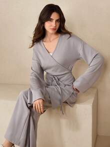 Graceveil 1pc Women's Casual Long Sleeve Fashionable Knit Thin Gray Set, Versatile For Daily Wear - Grey - View 8