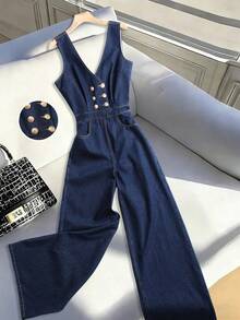 GlowEve 女士金属双排扣口袋阔腿无袖牛仔连体裤