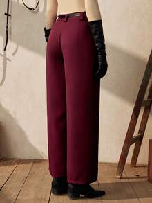 Zovinel 高腰宽松直筒裤，配腰带，卡其色，休闲商务两相宜，春秋季款 - 酒紅色 - 查看 2