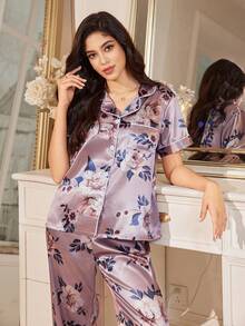 LuxeNights 女士印花仿丝翻领短袖睡衣套装 - 彩色 - 查看 6