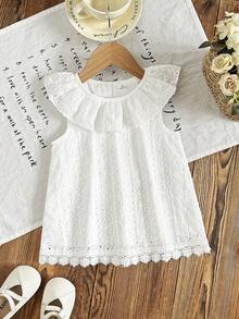 Girls' White Textured Peter Pan Collar Lace Trim Sleeveless Casual T-Shirt - White - View 3