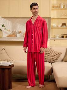 Velminro 男士条纹纽扣前开襟舒适透气休闲睡衣套装 - 紅色 - 查看 3
