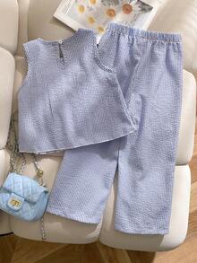 Elladie kids 女童时尚蓝白条纹蝴蝶结装饰褶皱无袖上衣搭配宽松直筒裤套装，休闲春夏装 - 藍色 - 查看 2