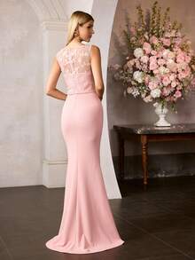 MOTF PREMIUM VESTIDO DE FIESTA ELEGANTE PARA MUJER CON APLICACIONES FLORALES DE ENCAJE, SIN MANGAS, CUELLO REDONDO Y LARGO HASTA EL SUELO - VESTIDO SIRENA CON DOBLADILLO AJUSTADO Y LAZO EN LA CINTURA, IDEAL PARA BODAS, GALAS Y NOCHES PRIMAVERALES | COMBINAR CON TACONES DE TIRAS Y JOYAS DELICADAS - Rosa - Ver 5