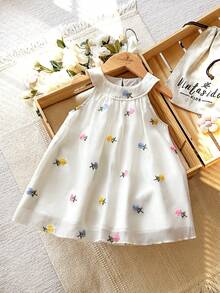 SHEIN Vintaside Kids 女婴无袖刺绣花卉连衣裙，甜美风格，优雅公主造型，适合节日和聚会 - 白色 - 查看 3