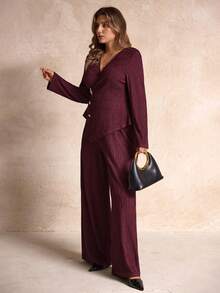 SHEIN PETITE CURVE 秋冬女装时尚休闲纯色纹理金属扣带不对称开衩裤装套装，时尚外出，女士办公室穿着，工作/办公 - 酒紅色 - 查看 5