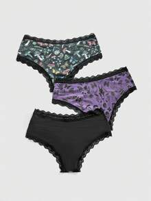 ROMWE 3pcs Women's Gothic Floral, Mushroom, Insect, Butterfly Print Hipster Panty Set - Multicolor - View 2