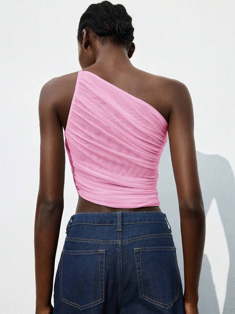 SHEIN Maija Spring/Summer New Asymmetric Shoulder Design Ruched Mesh Fabric Women Top, Fashionable & Elegant For Carnival, Party, Valentine's Day, Back To School, Music Festival, Formal Social, Urban Commute, Workplace St Patrick's Day Women Easter Summer Easter Dress Women Party Top Beach Summer Holidays Each Vacations For Women Summer For Women Going Outs Graduation Casual Top For Women