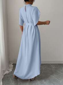 Elenzga 女士休闲纯色立领花瓣袖系带褶裥连衣裙 - 藍色 - 查看 2