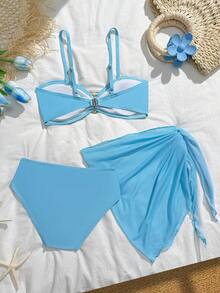SHEIN Tween Girls Bikini Sets Fashionable Blue + Mesh Knitted Fabric Strapless Top, Shoulder Strap + Mesh Skirt, Three-Piece Set, Separate Strapless Shoulder Strap Metal + Triangle Pants + Mesh Skirt, Fashionable, Casual, Exquisite, Elegant And Ladylike, Suitable For Swimming, Suitable For Summer Vacation, Summer Beach, Seaside Pool, Swimming Pool, Summer Party, Leisure Vacation Three Piece Swimsuit Set Blue Bikini Set Blue Two Piece Set Blue Swimsuit For Tween Girls Beachwear For Tweens Two Piece Set 3pcs Set Bikini With Sarong Skirt Tied Waist - Multicolor - View 3