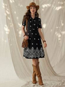 Wildy BOHO Casual American Western Country Vintage Retro Floral Pattern Midi Dress, Everyday Basic For Spring/Summer, Suitable For Outdoor, Commuting - Multicolor - View 5