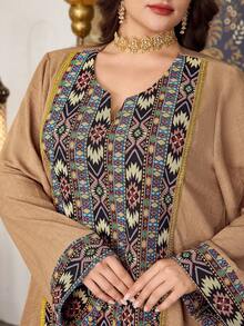 Al Najma Khaki gemusterter Patchwork traditioneller, modischer, vielseitiger, weiter, bequemer Lange Robe für Damen in Große Größen im türkisch/arabischen Stil, Lange Kaftan - Khaki - Übersicht 7