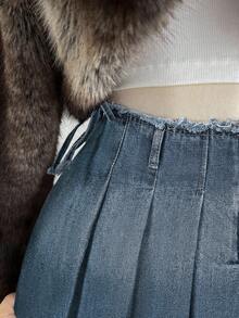 Elamini Minifalda de mezclilla con pliegues y deshilachados de moda para mujer - Neblina azul - Ver 6