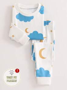 2 pièces/set Haut à manches longues et pantalon de pyjama ajusté avec imprimé lune et nuage, pour jeune garçon, en tricot doux - Rouge - Voir 8