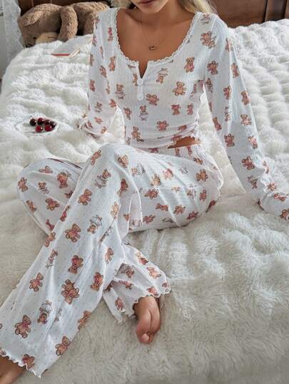 SHEIN Cute Panda Jacquard Knit Long Sleeve Pajama Set