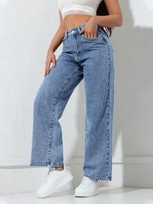 SHEIN PETITE Women's Casual Everyday Slant Pocket Washed Straight Leg Jeans - Blue - View 3