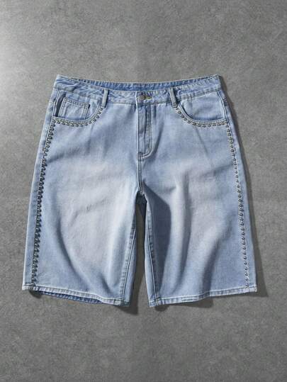 ROMWE MEN Street Life Men's Casual Everyday Commute Fashion Street Rivet Decor Washed Denim Shorts, Summer