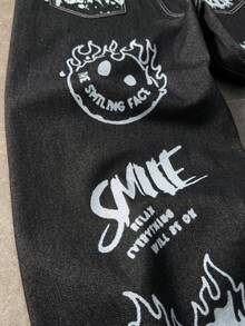 ROMWE MEN Street Life 男士休闲水洗字母印花牛仔裤 - 黑色 - 查看 4