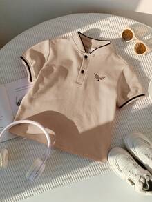 SHEIN Baby Boy Comfortable Casual Daily Versatile Collegiate Style Pearl Fabric Pink Collar Short Sleeve Polo Shirt T-Shirt, Suitable For Indoor, Outdoor, Daily, Sports, Play, Party, Photo Shoot, Holiday, Spring/Summer - Khaki - View 5