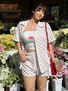 GalTyme Conjunto de 2 piezas de camisa y pantalones cortos con estampado de corazón, de talla grande y estilo casual de verano - Blanco - Ver 1