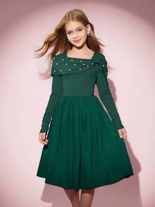 Girls' Elegant Sequin Patchwork Pleated Hem Long Sleeve Knit Dress, Casual Wear For Outing And Party - Dark Green - View 1