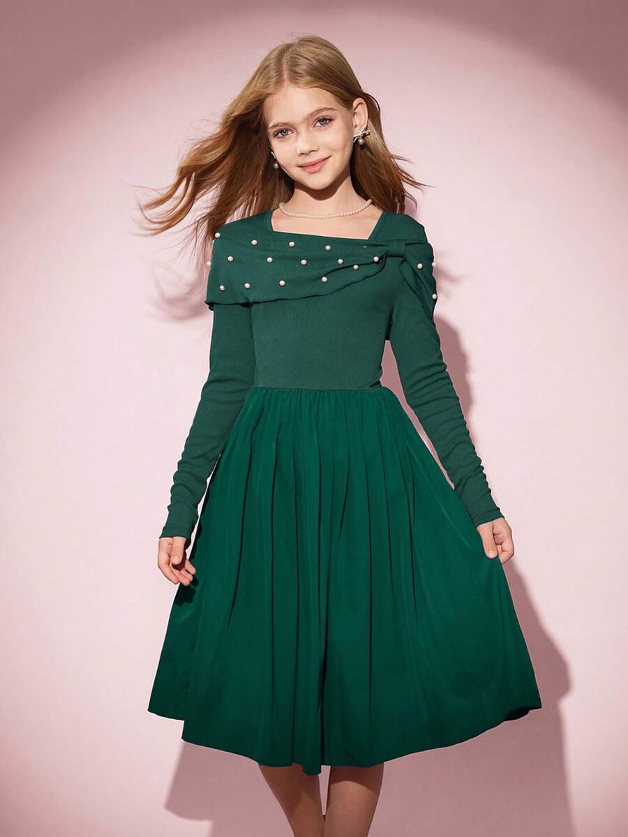 Girls' Elegant Sequin Patchwork Pleated Hem Long Sleeve Knit Dress, Casual Wear For Outing And Party - Dark Green - View 1