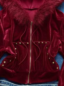 Easelle 复古游牧风短款天鹅绒铆钉毛皮饰边帽子，舒适性感个性化女士套装 - 酒紅色 - 查看 4