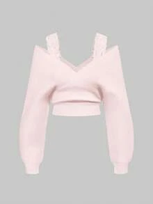 ROMWE Kawaii 1 Set Women Shoulder Strap V-Neck Lace Strap Loose Wide-Leg Pants Comfortable Home Knit Sweater Two Pieces - Pink - View 3