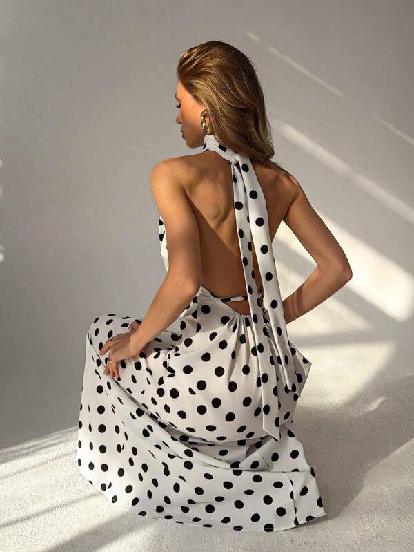 Aloruh Women's Elegant And Sexy Backness Flounce Collar Fitted Polka Dot Print Maxi Dress,Women Night Out Dress,Summer Dresses For Women, Honeymoon Outfits Woman ,Women Wedding Guest Dress,Island Vacation Outfits,Wedding Guest Dress Women ,Sun Dresses For Women ,Elegant Dresses For Party, Birthday Dresses For Women,Summer Dresses For Women,Beach Dresses For Women