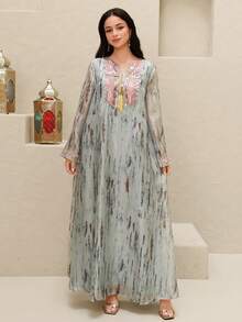 Al Najma Women's Sequin Patchwork Tie-Dye Long Sleeve Arabic Dress - Multicolor - View 3