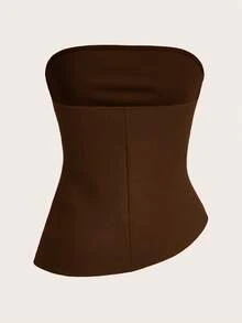 SHEIN Essnce 女士Y2K纯色褶皱时尚抹胸上衣 - 咖啡棕 - 查看 2