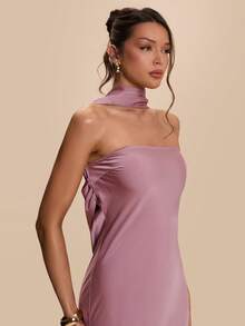 SHEIN BAE Đầm satin hở lưng cổ yếm thanh lịch, thích hợp cho tiệc cocktail, hẹn hò lãng mạn, họp mặt, phù dâu đám cưới, đi chơi tối, ngày Valentine, màu hồng. - Hồng - Xem 3