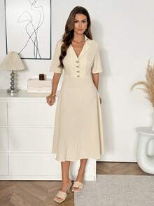 Easowa 女士纯色纽扣棉质连衣裙，半开襟优雅收腰中长连衣裙，适合约会和派对，春季女装，优雅连衣裙，休闲服饰 - 米色 - 查看 5